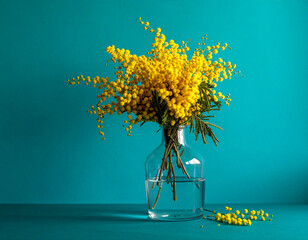 Yellow mimosa flowers in glass vase
ガラスの花瓶に入ったミモザの花