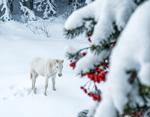 White horse standing in snowy landscape
雪原に佇む白い馬