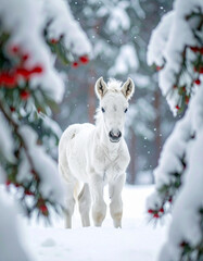 Majestic white horse in winter forest
冬の森に佇む神秘的な白馬