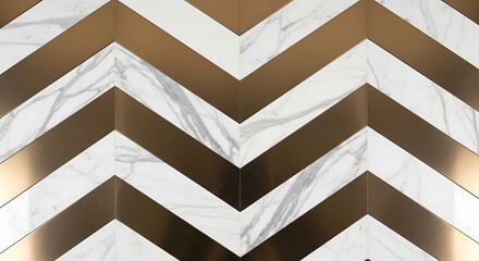 Elegant geometric chevron pattern with luxurious golden metallic stripes and sophisticated white marble texture creating a modern abstract background for interior design