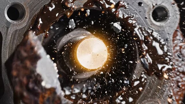 Close-up of a dirty engine cylinder with oil residue and grime.