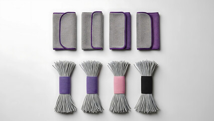 Four cleaning cloths and four cleaning brushes on white background microfiber textile fabric