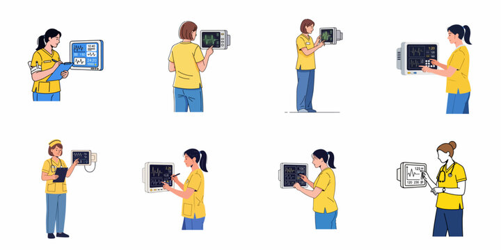 Healthcare Professionals Monitoring Vital Signs: A Collection of Illustrations Featuring Nurses Checking Cardiac Monitors and Recording Patient Data.