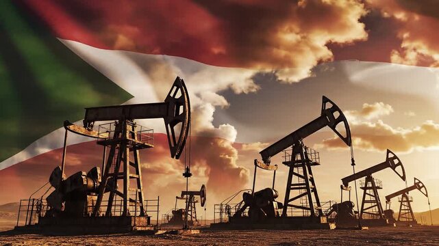 Oil pumps operating in a desert landscape under a cloudy sky with Kuwait flag.