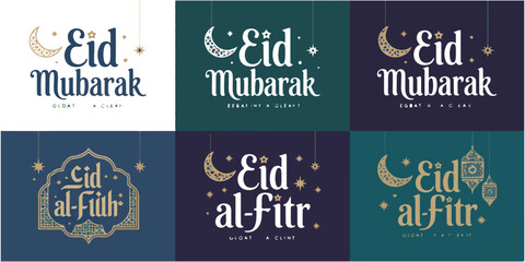 Eid mubarak and eid al fitr greeting typography design collection with crescent moon stars © MDABDUR