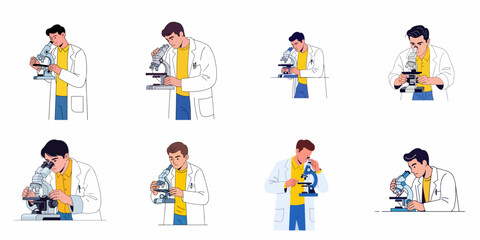 Naklejka premium Set of vector illustrations featuring male scientists using microscopes, conducting scientific research, analysis, medicine, and laboratory experiments.