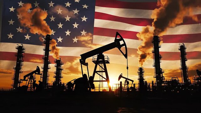 Oil pumps and refineries against the American flag at sunset.