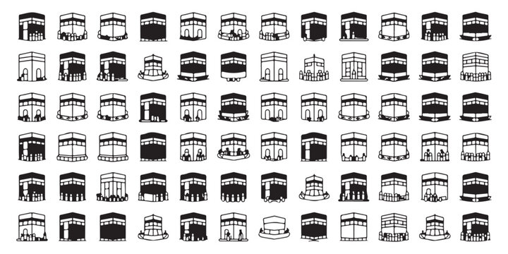 Mecca kaaba pilgrimage icons set with various perspective views for hajj and umrah travel app