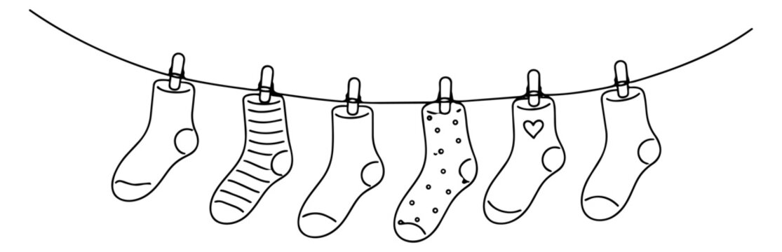 Hand drawn line art socks set featuring various patterned and plain socks on a clothesline for laundry concepts