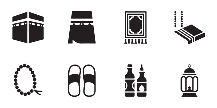 Solid silhouette icons for hajj pilgrimage items including kaaba prayer mat and lantern