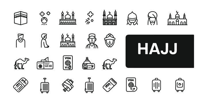 Hajj and umrah pilgrimage vector icon set for islamic holiday and religious travel design