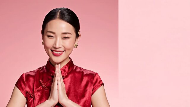 Smiling Asian woman in traditional red cheongsam with hands together