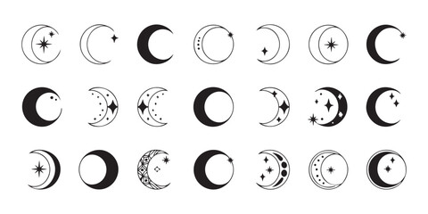 Mystical crescent moon collection with celestial stars and occult symbols for tarot and astrological art © Sen