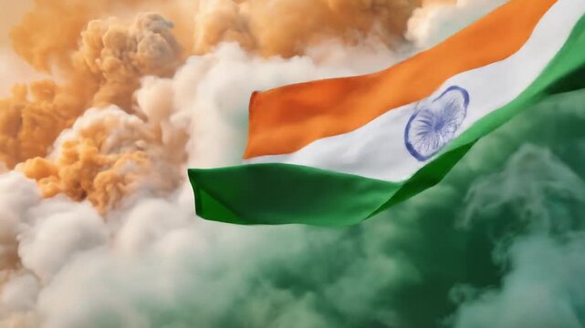 Indian Flag Waving Proudly Against Colorful Smoke Background.