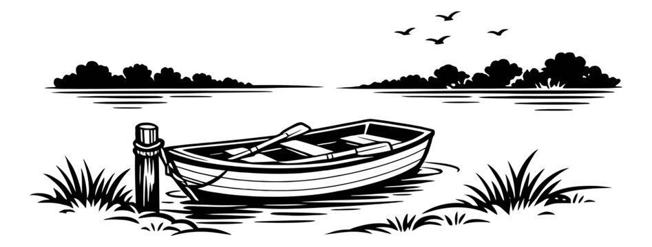 Vintage line art illustration of a rowboat depicting a tranquil lake scene for nature and leisure designs