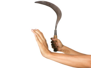 Close-up of a criminal hand holding a sharp sickle (clurit) threatening a victim who is raising a hand in defense. Concept of robbery, street crime, violence, assault, mugging on white background