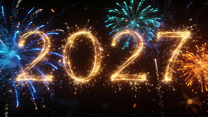 The year 2027 written in bright, sizzling sparkler fire against a pitch-black background. Happy New Year, New Year