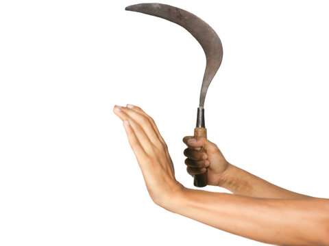Close-up of a criminal hand holding a sharp sickle (clurit) threatening a victim who is raising a hand in defense. Concept of robbery, street crime, violence, assault, mugging on white background