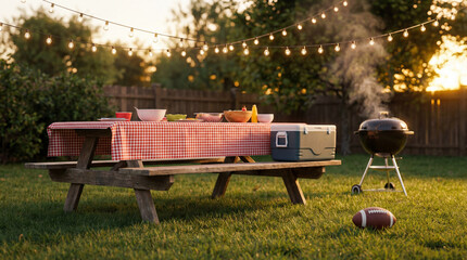 Big Game Party backyard patio setup with string lights picnic table grill football for outdoor sports magazine website editorial photography