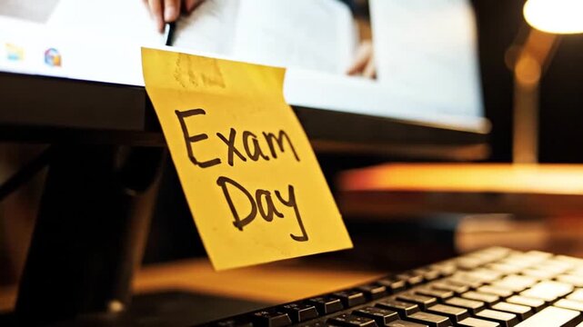 Close-up of yellow sticky note with Exam Day text attached to computer monitor