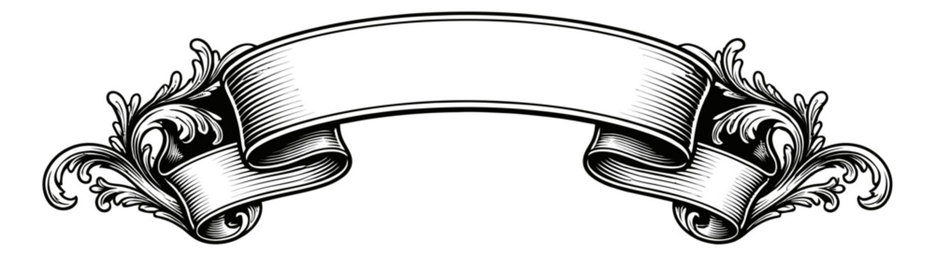 Vintage hand drawn line art illustration of a scroll banner depicting an elegant empty scroll for graphic design