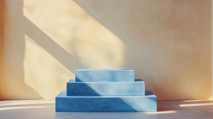 Minimalist blue geometric podiums bathed in soft sunlight casting dramatic shadows on a warm beige wall