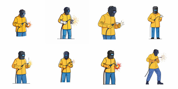 Cartoon Welder Worker Character Illustrations Set in Various Poses, Wearing Helmet and Protective Uniform, Performing Arc Welding Job.