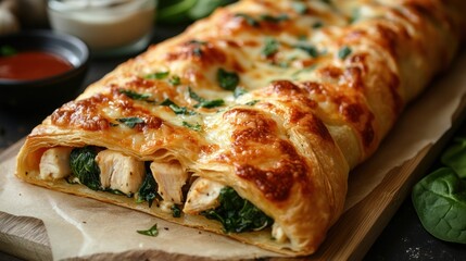 Delectable Golden-Brown Chicken and Spinach Puff Pastry Braid, Sprinkled with Fresh Herbs and Baked to a Crispy Finish, Ideal for a Family Meal