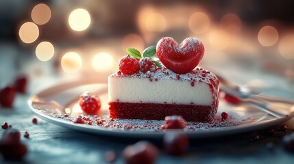 Sweet red velvet cake slice with heart and raspberries, elegantly plated against a romantic bokeh background, symbolizing love and celebration