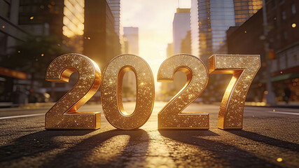 A glittery gold 3D numbers 2027 standing in the middle of a city street on the asphalt, blurred city buildings and skyscrapers in the background. Happy New Year, New Year