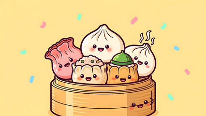 Adorable cartoon illustration of various dim sum characters including bao and dumplings with smiling faces in a bamboo steamer