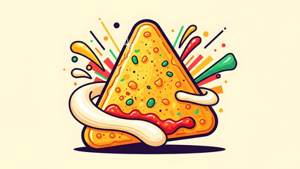 Colorful and dynamic illustration of a seasoned triangular tortilla chip with abstract splashes of sauce and flavor