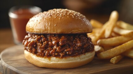 Hearty Sloppy Joe sandwich with savory meat filling on a toasted bun, accompanied by golden French fries and ketchup. A delicious classic American comfort meal
