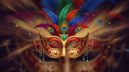 A luxurious gold and red masquerade mask decorated with vibrant peacock feathers and hanging jewels