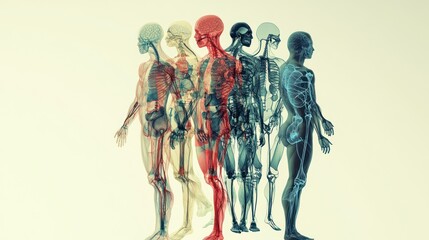 Conceptual visualization of human anatomy and the progression of biological systems, depicting medical research and scientific understanding through abstract models