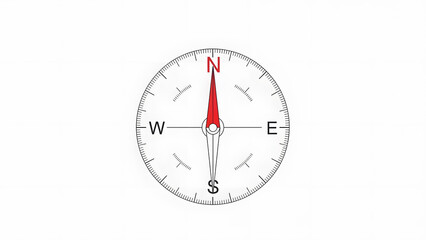A clean and technical illustration of a compass dial showing north south east and west directions with a red needle
