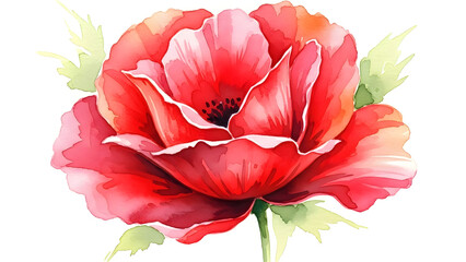 A beautiful hand-painted red poppy flower in watercolor style with delicate petals and green leaves on a white background