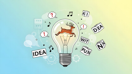 A complex illustration of a lightbulb with a deer inside surrounded by floating icons like music notes chat bubbles and cubes with text