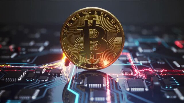Gold Bitcoin coin sits on a green circuit board with red electrical energy arcs and glowing cyan traces. High-tech cryptocurrency digital asset works