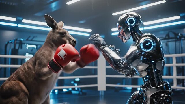 Robot and Kangaroo Boxing Match in a Futuristic Arena.