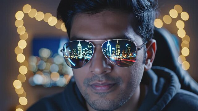 Man wearing sunglasses with city reflection