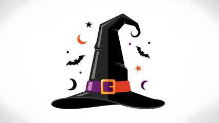 Vector illustration of a black witch hat surrounded by bats stars and crescent moons