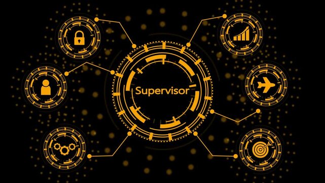 Digital network concept of a supervisor role with interconnected and bright yellow glowing on a dark background Keywords: supervisor, management, leadership, role, network, digital, technology