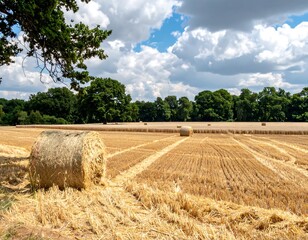 Fototapeta premium Golden hay bales in a field.