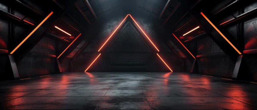 Dark garage with neon lighting, empty stage studio or futuristic room, showroom interior, concept of warehouse, hall