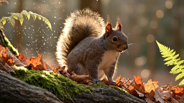 Squirrel in the forest, autumn leaves, sunlight, nature, wildlife, beautiful.