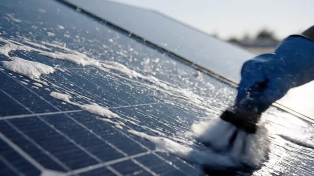 Close-up of worker hand cleaning dirty solar panel surface with brush and soapy water for maintenance
