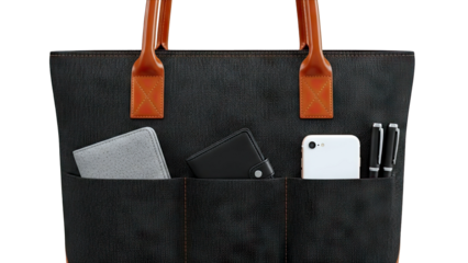 Black tote bag with organized essentials