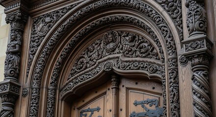 Obraz premium Close-up of a richly detailed antique wooden door with intricate carvings and elegant archway, highlighting traditional artistry