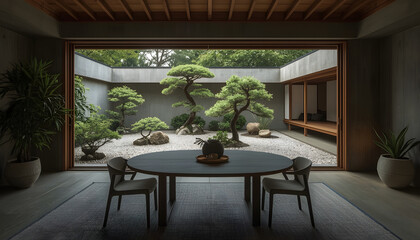 Fototapeta premium chairs and tables with Japanese style garden view